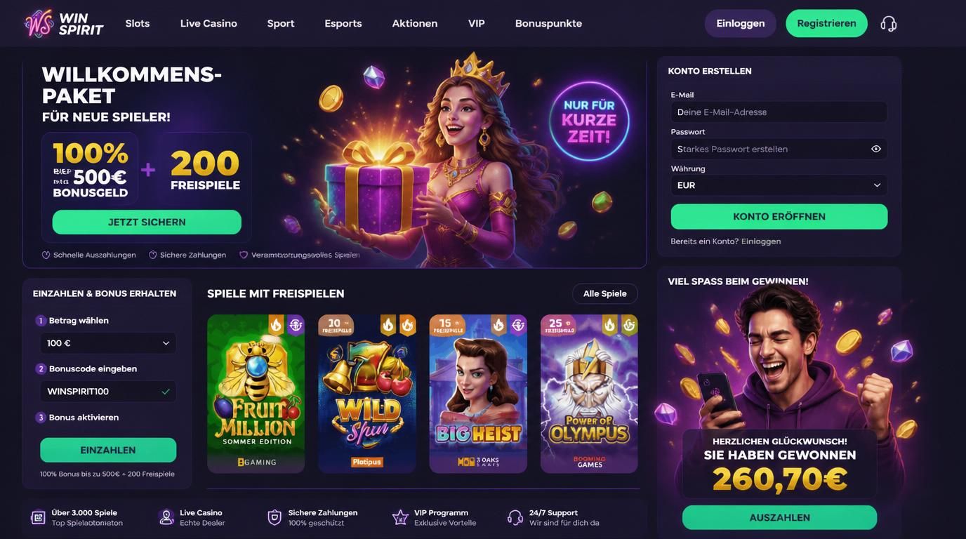 Ein Spieler freut sich über Willkommensbonus mit Freispielen im WinSpirit Casino