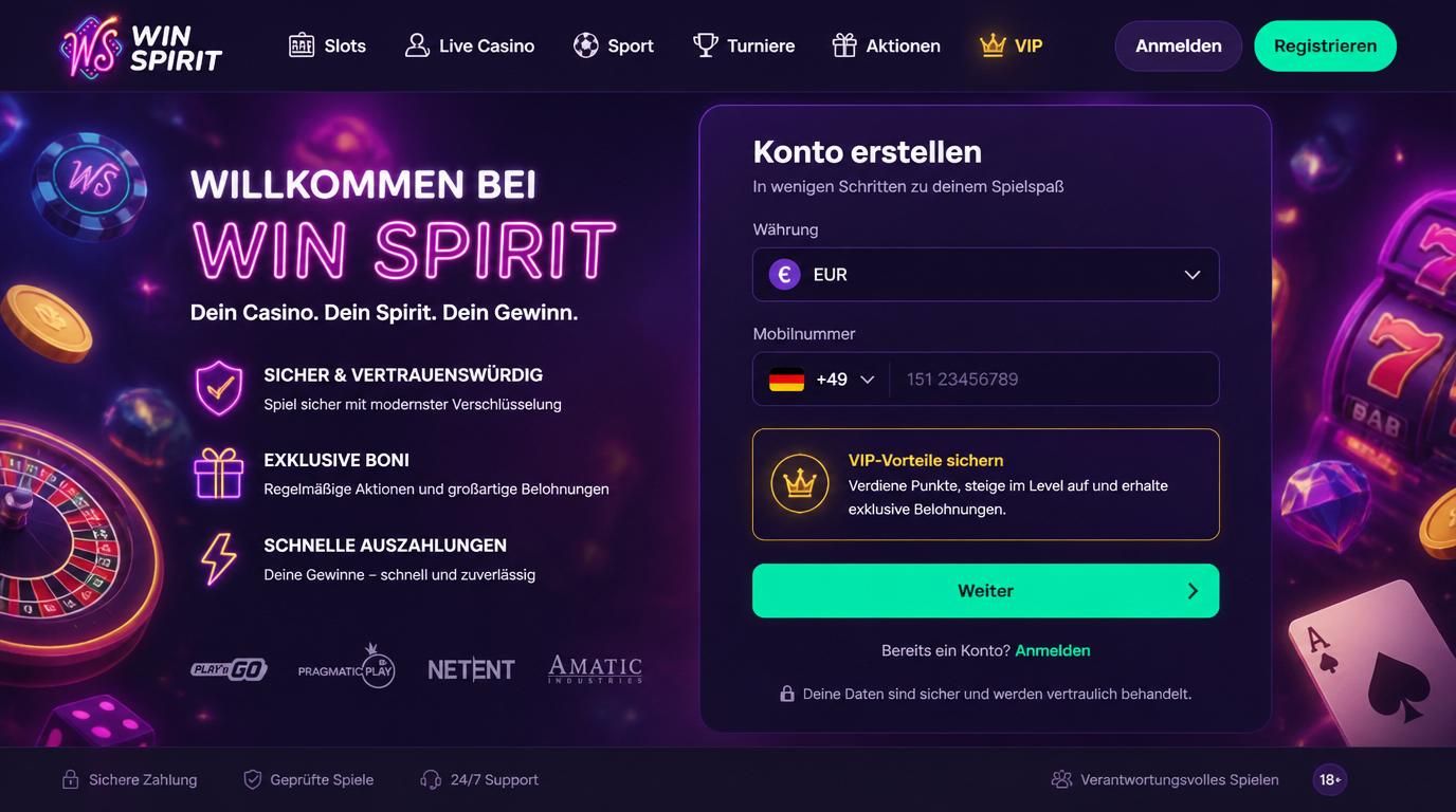 Casino-Registrierungsformular mit EUR-Währung und deutscher Mobilfunknummer