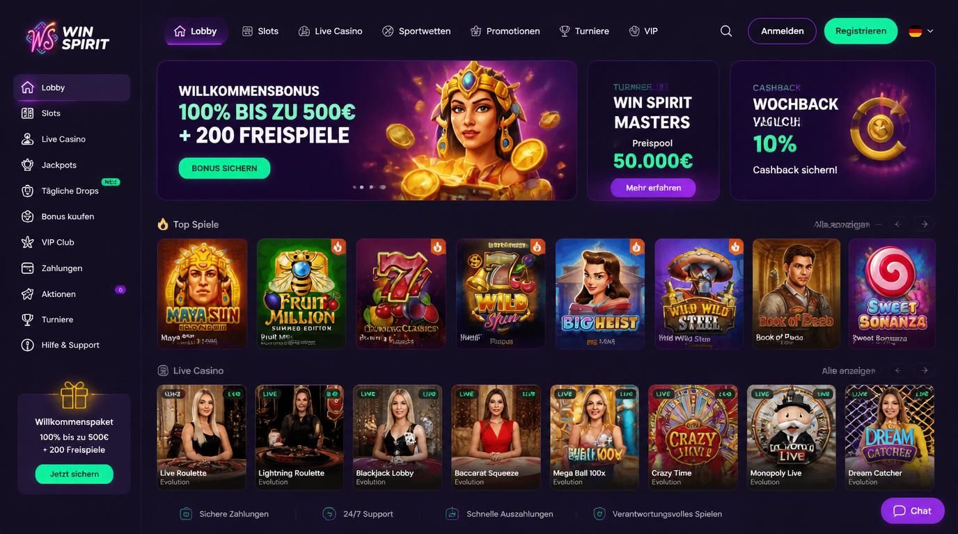 Übersicht der Lobby mit Spielen und Navigation auf Deutsch
